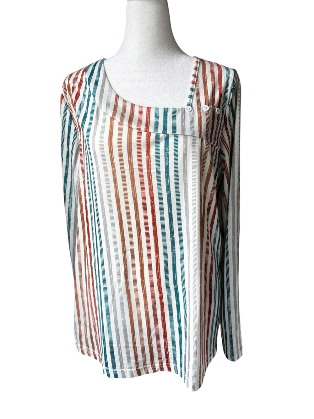 Striped Long-Sleeve Scoop Neck Top in Teal, Rust & White
